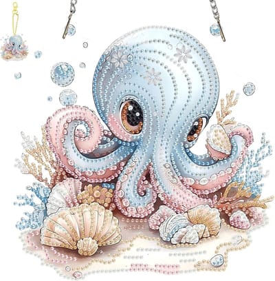 Hangende diamantkunst met octopus en sleutelhangers, uniek diamantschilderij voor woondecoratie, dubbelzijdige ornamenten voor raam en deur