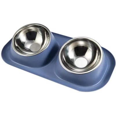 Bol Double en acier inoxydable pour chien et chat, récipient de nourriture pour chat, Base antidérapante, distributeur d'eau pour animaux de compagnie, protection inclinable du cou, bols pour chiots et chats, 1 pièce bleu