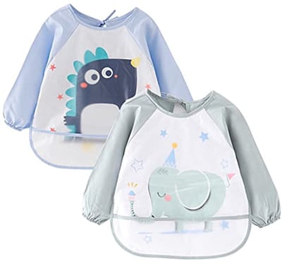 Set van 2 waterdichte babyslabben met lange mouwen - Blauw en Groen