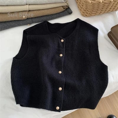 Dames Trui Vest Gouden Knoop Vest Zacht Gebreid Mouwloos Cardigan Jas Top Herfst Winter Koreaanse Dames Chique Outfit S zwart