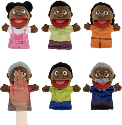 Familie poppen - Handpoppen kinderen - Verhalen vertellen - Beweegbare mond - 6 stuks - Zwart