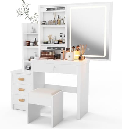 Kaptafel met spiegel - Make-up meubel - Slaapkamer inrichting - Geïntegreerde LED verlichting - 80 x 135 cm - Wit