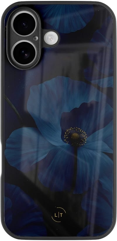 Hoesje geschikt voor iPhone 16 - Midnight garden - Luxe Glazen Hardcase - Bloemen - Blauw - Leuke Telefoonhoesjes