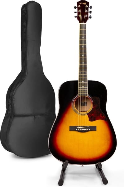 Akoestische gitaar voor beginners - MAX SoloJam Western gitaar 4/4 - Incl. gitaar standaard, gitaar stemapparaat, gitaartas en 2x plectrum - Sunburst
