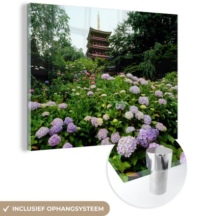 ® Glasschilderij 160x120 cm - Schilderij acrylglas - Japanse tuin met hortensia - Foto op glas - Muurdecoratie woonkamer - Wanddecoratie slaapkamer - Schilderijen