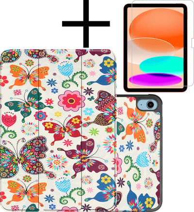 Hoes - Geschikt voor Apple iPad A16/A18 (2022/2025/2026) - 10.9 & 11 inch (10e, 11e & 12e generatie) - Met Screenprotector - Trifold Bookcase - Hard Cover - Hardcover Book Case - Tablet Hoesje - Vlinders