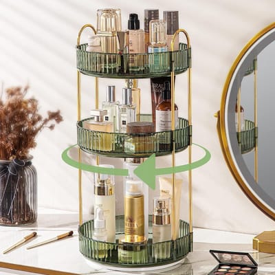 Makeup Organizer met 360 Graden Draaifunctie - 3 Laags Acryl Cosmetica Opbergoplossing voor Huidverzorging, Parfum en Sieraden - Ideaal voor Make-up Tafels en Badkamers (Groen)