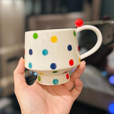 Mug en céramique à pois peints à la main créatif Cadeau personnalisé pour les amis Tasse à café de bureau Gobelet rétro 400ml