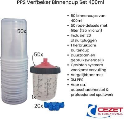 Verfbeker PPS Binnencup Set 400ml – 125 Micron – Rood – 50 Cups + Deksel + Plugs + Buitencup – Vergelijkbaar met 3M – Autoschadeherstel – Duurzaam