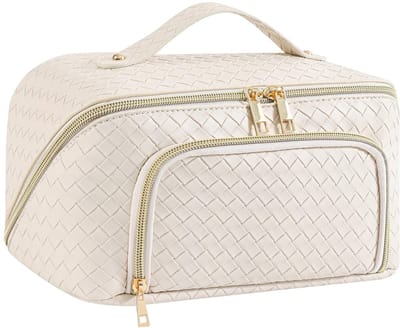 Make-up tas - Groot waterdicht PU-leer met brede opening - Voor dames op reis - Vintage Beige