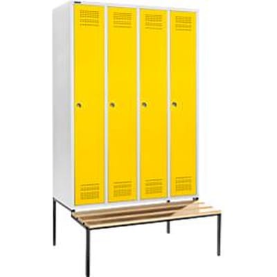 Schäfer Shop Genius Garderobekast met bank, 4 vakken, 300 mm vakbreedte, cilinderslot, lichtgrijs/geel, lichtgrijs/geel