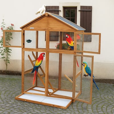 Lendo Online Volière van geïmpregneerd vurenhout - 115x58x164 cm - Bruin - Vogelkooi met uitneembare lade - Vogelhok - Papegaaienkooi - Parkietenkooi - Vogelverblijf