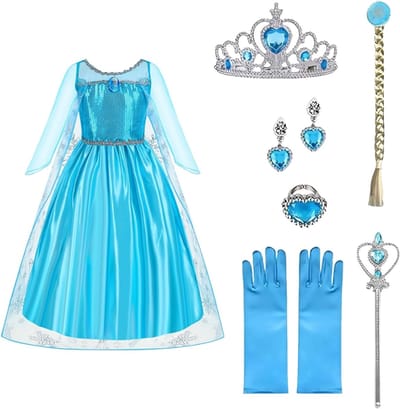 Prinsessen Kostuum voor Meisjes met Accessoires, Kroon, Handschoenen en Toverstaf voor Kerst, Carnaval en Halloween Feestjes