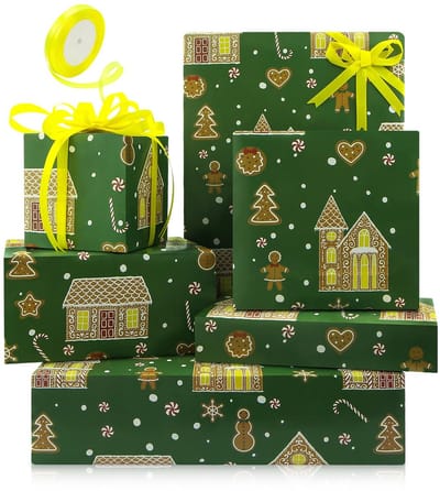 Dailygoods- Inpakpapier Groene Gingerbread Man - Cadeaupapier Kerst - Verjaardag - Baby Shower - 4 Vellen - 50 x 71 cm - Geel Lint