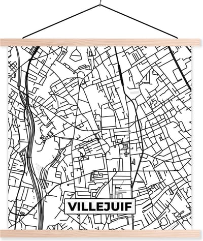 Posterhanger incl. Poster 40x40 cm - Schoolplaat - Stadskaart - Villejuif - Plattegrond - Kaart - Frankrijk - Zwart wit - Textielposter - Blanke latten - Stadskaart