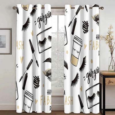 2 stuks Gordijnen Voor Schoonheidssalons Eenvoudige Rode Lippen Make-up Kwast Oogjes Top Stoffen Gordijnen Decor Voor Woonkamer Kantoor Huis Deco 2x50Wx50H(CM)&Grommet Top