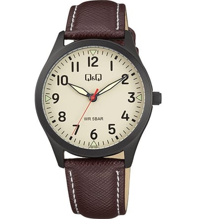 Q&Q Q76B-004PY - Horloge - Polshorloge - Analoog - Mannen - Vrouwen - Leren band - Rond - Metaal - Cijfers - BordeauxRood - Zwart - Crème/Beige