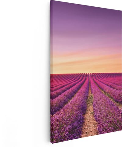 Artaza Canvas Schilderij Lavendelveld - 80x120 cm - Groot - Wanddecoratie Zonsondergang - Muurdecoratie Bloemen - Schilderijen Op Canvas Paars