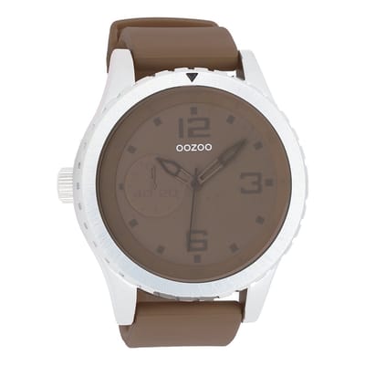 OOZOO Timepieces - Zilverkleurige horloge met donker bruine rubber band - C3672