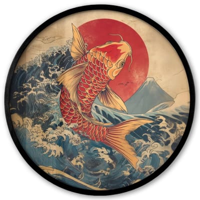 Poster in lijst Rond - Fotolijst 40x40 cm - Posters - Koi - Zee - Golven - Zon - Ronde posterlijst zwart - Decoratie - Wanddecoratie woonkamer - Muurdecoratie slaapkamer