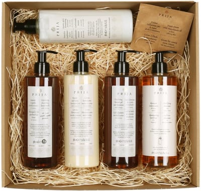 Prija Cadeauset: Zeep, hydraterende crème, shampoo/douchegel, shampoo, conditioner 5x380ml + Handcrème 4ml