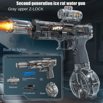 Origineel Elektrisch Waterpistool Inclusief licht Spuit Vlam Effect Continu Hoge druk Hoge snelheid Krachtig Buiten Waterpistool Speelgoed gray