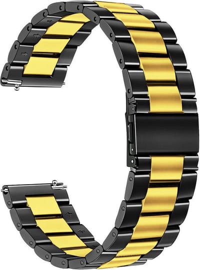 Strap-it Stalen schakel bandje 22mm - RVS bandje geschikt voor Samsung Galaxy Watch 46mm / Galaxy Watch 3 45mm / Gear S3 Classic & Frontier - Amazfit GTR 47mm / GTR 2 / GTR 3 - Pro - OnePlus Watch - zwart/goud