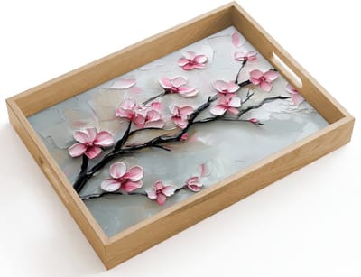 Dienblad hout 40x30 cm - Schootdienblad - Bloesem - Kunstzinnig - Roze - Sakura - Borrelplank rechthoek - Plateau dienbladen