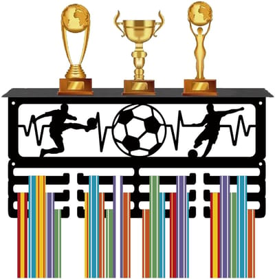 Dailygoody - Voetbal medaille hanger - Medaille display - Trofee plank - Zwart - Sport linten - Geschikt voor meer dan 70 medailles
