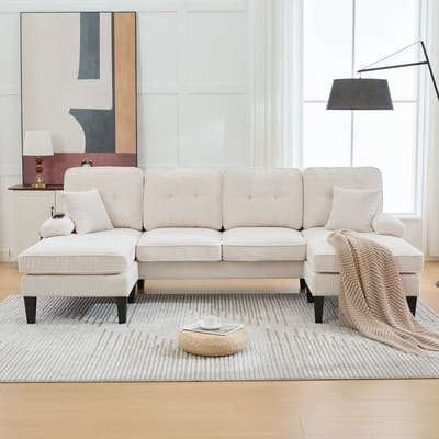U-Bank ,4-zits bank Beige - Linnen Stof - Met Twee Chaise Longues - Moderne Rugleuning - Inclusief Decoratieve Kussens