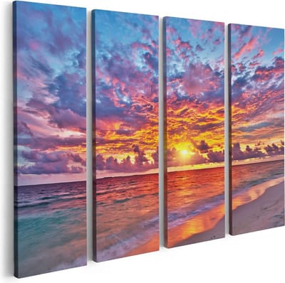 Artaza Canvas Schilderij Vierluik Zonsondergang Op Het Strand In De Malediven - 80x60 - Foto Op Canvas - Canvas Print