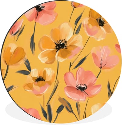 WallCircle - Wandcirkel - Muurcirkel - Bloemen - Geschilderd - Geel - Aluminium - Dibond - 30x30 cm - Binnen en Buiten