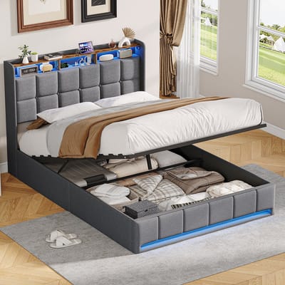 Gestoffeerd bed, tweepersoonsbed 160x200 cm, hydraulisch bed met ledverlichting en USB-oplaadpoort, grijze linnen hoes, zonder matras (verzonden in 2 pakketten)