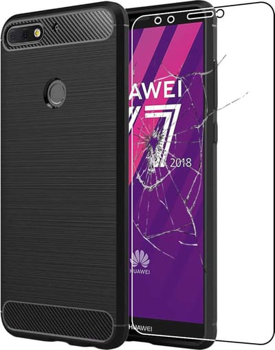ebestStar - Hoes geschikt voor Huawei Y7 2018, TPU Bescherming Cover, Koolstof Design Hoesje, Zwart + Gehard Glas