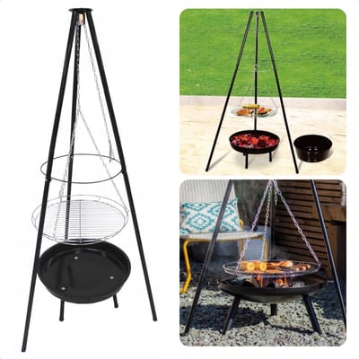 Vuurschaal Hangend met Grilrooster - Driepoot Model - Staal - 52cm Diameter - Grillplaat - 151cm Hoogte - Met Ketting & Grillplaat - Inclusief EBOOK