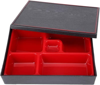Japanse Houten Bento Box met Deksel, Ideaal voor Lunch, Picknick en Kantoor, 5 Compartimenten, 27 x 20.5 x 5 cm