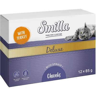 12x85g Smilla Deluxe Hapjes Katten Natvoer met Kalkoen en Spinazie