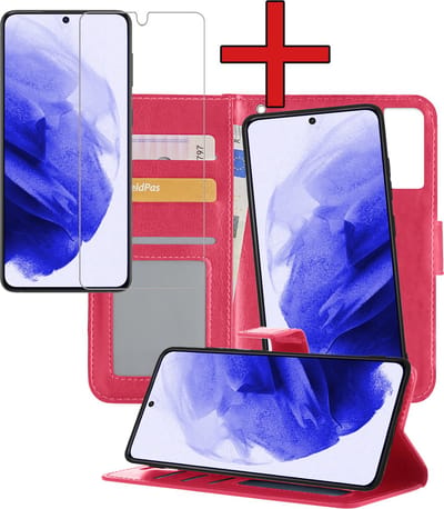 Hoesje - 2 in 1 - Geschikt voor Samsung Galaxy S21 - Met Screenprotector - En Uitneembare Hard Cover - Kunstleer - Bookcase - Wallet Case - Met Pasjeshouder - Book Case - Uitneembaar - Pashouder - Telefoonhoes - Donkerroze