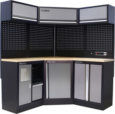 Kraftmeister werkplaatsinrichting - Werkbank met 3 wandkasten en multiplex werkblad - Werktafel met 2 opbergkasten, 1 prullenbak en gereedschapswand - Complete set voor werkplaats of garage - Grijs