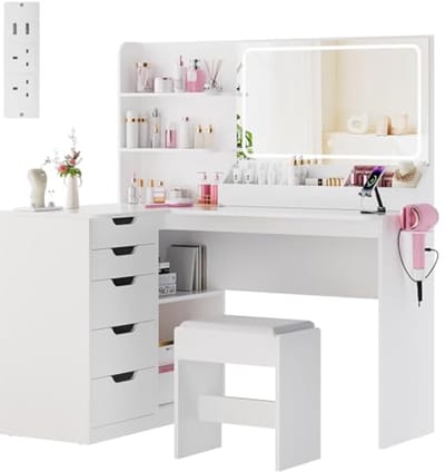 Ruime Dressing Table met Spiegel en LED Verlichting - Hoek Makeup Tafel met 5 Lades