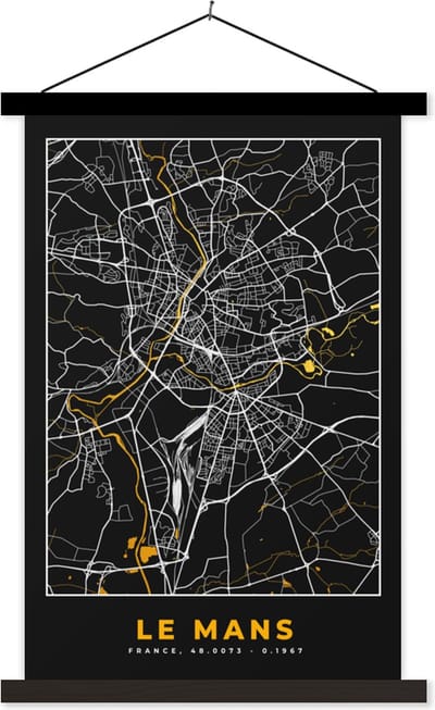 Posterhanger incl. Poster 40x60 cm - Schoolplaat - Plattegrond - Frankrijk - le Mans - Stadskaart - Kaart - Textielposter - Zwarte latten - Stadskaart