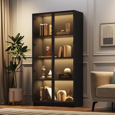 REDOM - Vitrinekast - App-gestuurde LED-verlichting - Dubbele glazen deuren en verstelbare planken - Modern - Woonkamer - Spaanplaat - Zwart - 80 x 40 x 160 cm