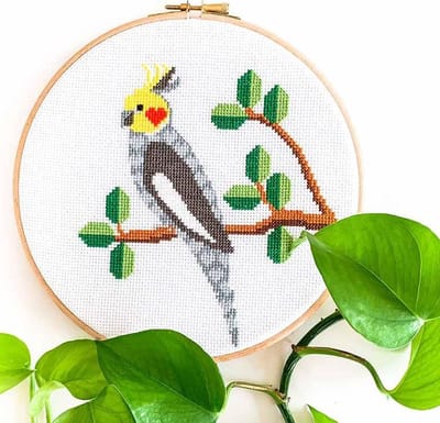 Valkparkiet borduurpakket | Botanisch borduurpakket voor beginners | Tropische vogel borduren | Dieren borduurpakket inclusief borduurring en DMC garen