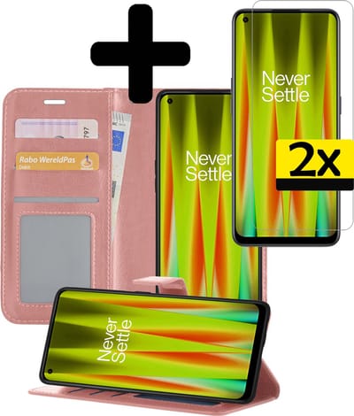 Hoesje - Met 2x Screenprotector - Geschikt voor OnePlus Nord CE 2 - Luxe Pasjeshouder - Bookcase Portemonee - Flip Case - Kunstleer Book Case - Flipcase Hoes - Book Cover - Walletcase - Portemonneehoes - Telefoonhoesjes - Rosé goud
