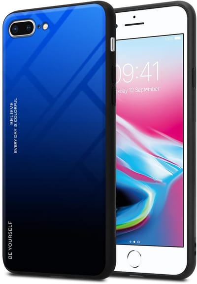 Cadorabo Hoesje geschikt voor Apple iPhone 7 PLUS / 7S PLUS / 8 PLUS in BLAUW - ZWART - Tweekleurige beschermhoes van TPU-silicone Case Cover en achterzijde van gehard glas