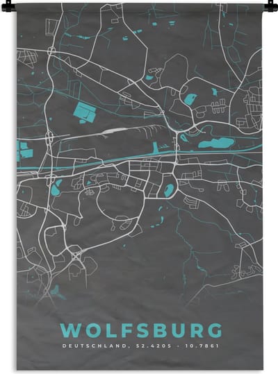 Wandkleed - Wanddoek - Stadskaart – Kaart – Wolfsburg – Blauw – Duitsland – Plattegrond - 120x180 cm - Wandtapijt