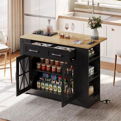 BLACKCOLORS Verplaatsbaar keukeneiland van 120 cm met opklapbare eettafel, open rek, stopcontact, USB-aansluiting, glazen deur, verstelbaar laminaat, wieltjes met remmen voor de keuken, eetkamer, woonkamer en nog veel meer.