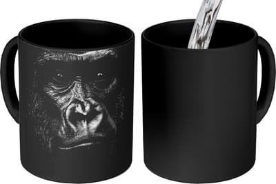 Magische Mok - Foto op Warmte Mokken - Koffiemok - Gorilla - Zwart - Wit - Dieren - Portret - Magic Mok - Beker - 350 ML - Theemok