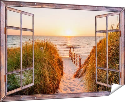 Gards Tuinposter Doorkijk Voetpad in de Duinen met Zonsondergang - 180x120 cm - Tuindoek - Tuindecoratie - Wanddecoratie buiten - Tuinschilderij