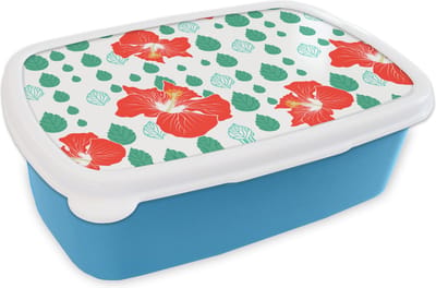 Broodtrommel Blauw - Lunchbox - Brooddoos - Hibiscus - Patronen - Hawaii - Bladeren - Bloem - 18x12x6 cm - Kinderen - Jongen